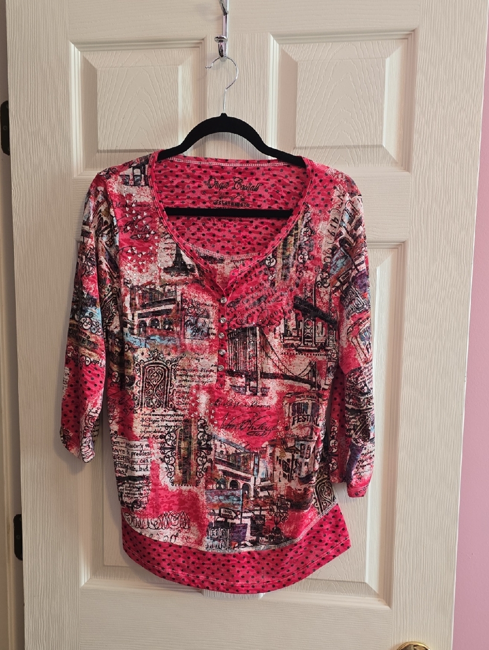 Onque Casuals Pink Multi-Print Henley‎ Long Sleeve Top